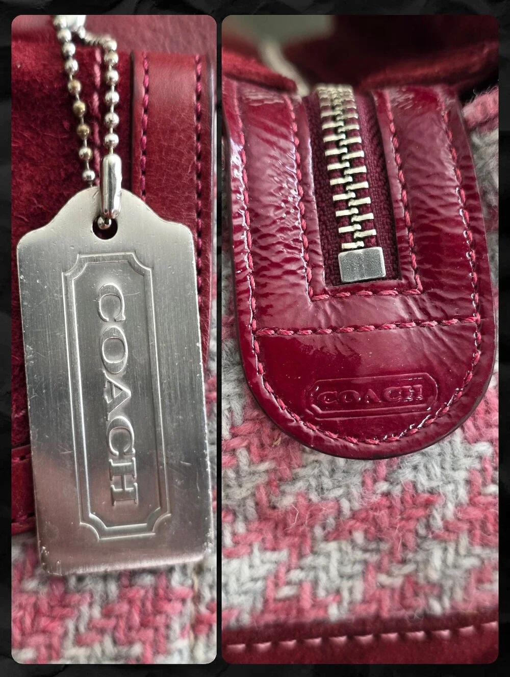 Coach 7480 Hamptons Houndstooth Suede Wool Satchel Pink Burgundy Y2K